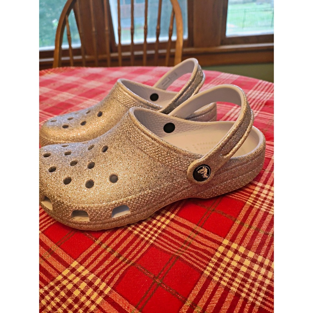 Crocs Classic Glitter Clogs Kids Youth J3 Size 3 Gold Sparkle Slip On Shoes